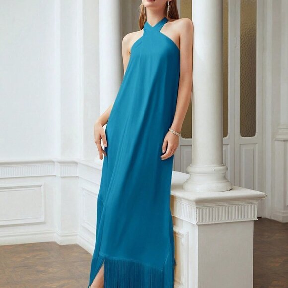 TEAL BLUE PREPPY WOMENS FRINGE HEM CROSS HALTER DRESS - Picture 1 of 5